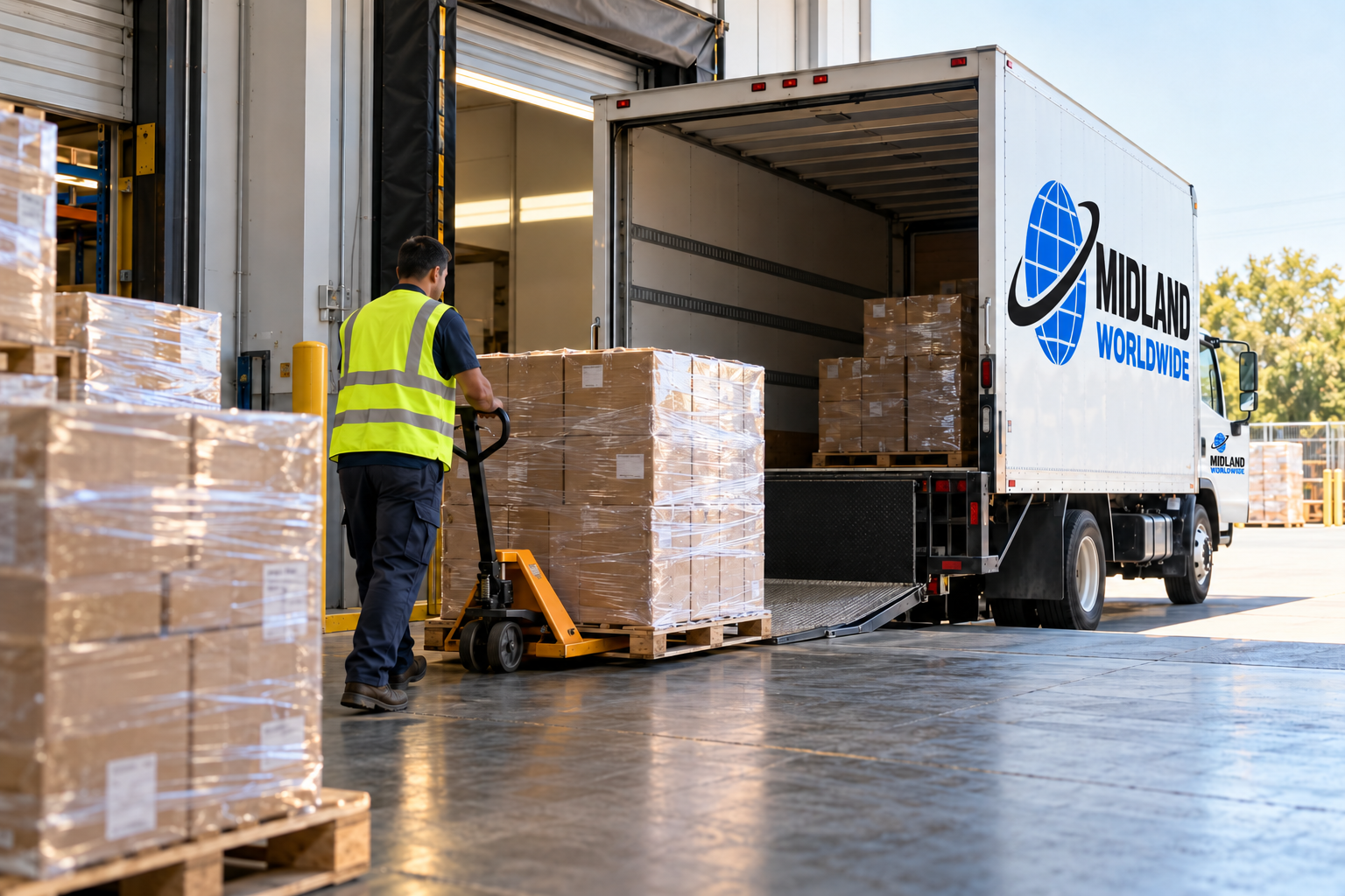 Pallet & Crate Transport — Midland Worldwide. Illustrative branded image.