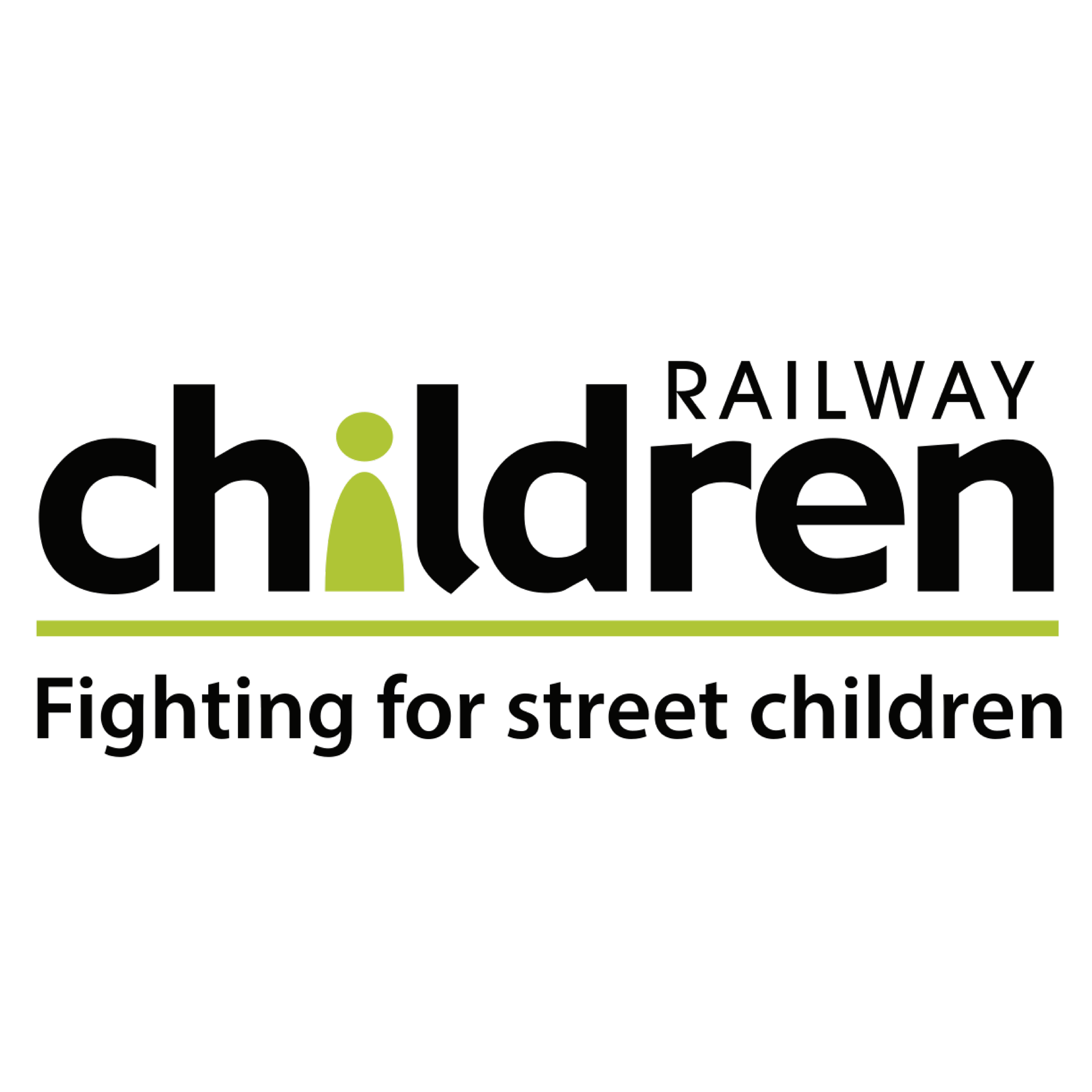 Logo of an organization called 'Children Railway' with the tagline 'Fighting for street children'. The logo features the word 'children' with the letter 'i' stylized as a child figure and a horizontal line beneath with additional text.