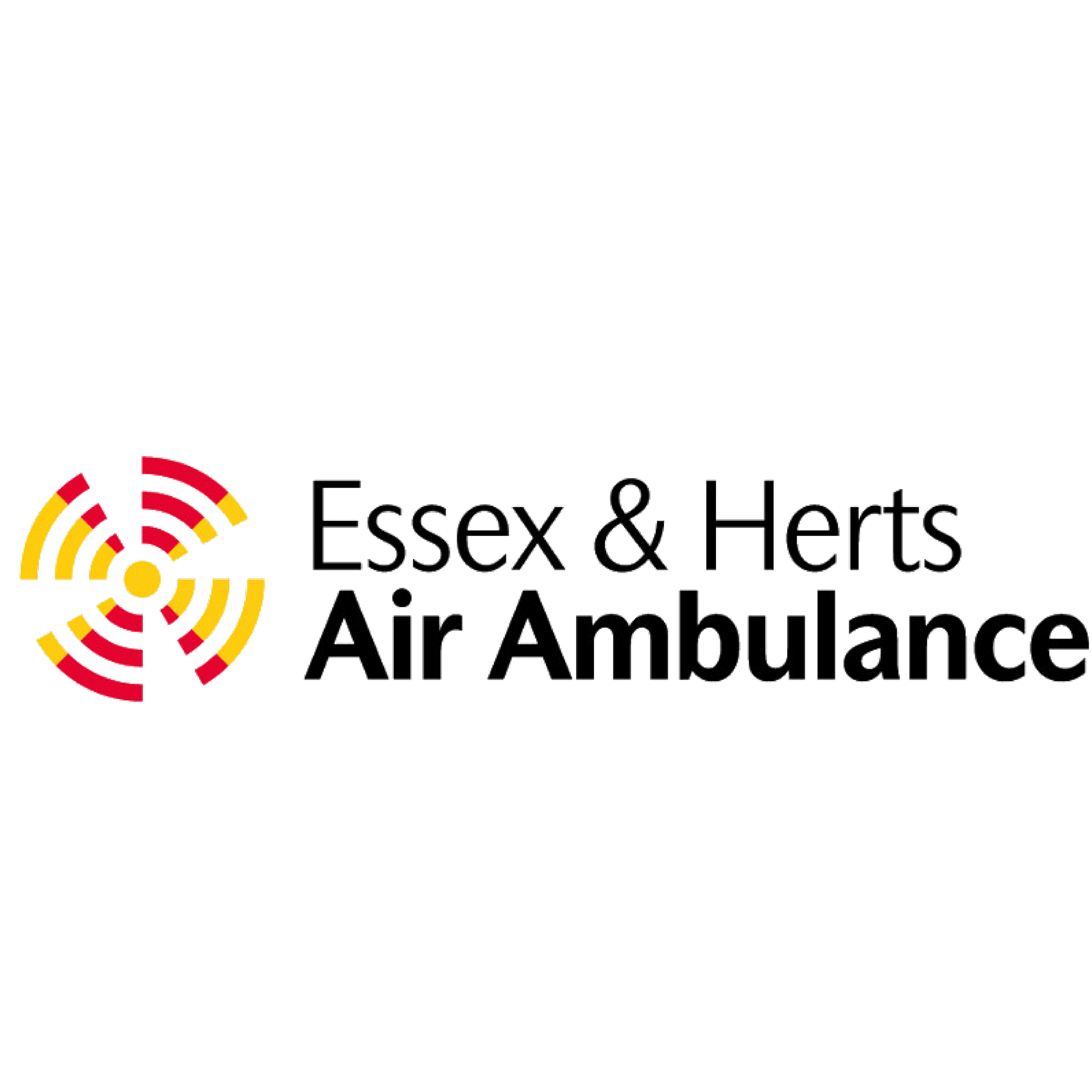 Logo of Essex & Hertfs Air Ambulance with a circular radar-like symbol in red, yellow, and blue, and text underneath reading 'Essex & Hertfs Air Ambulance'.