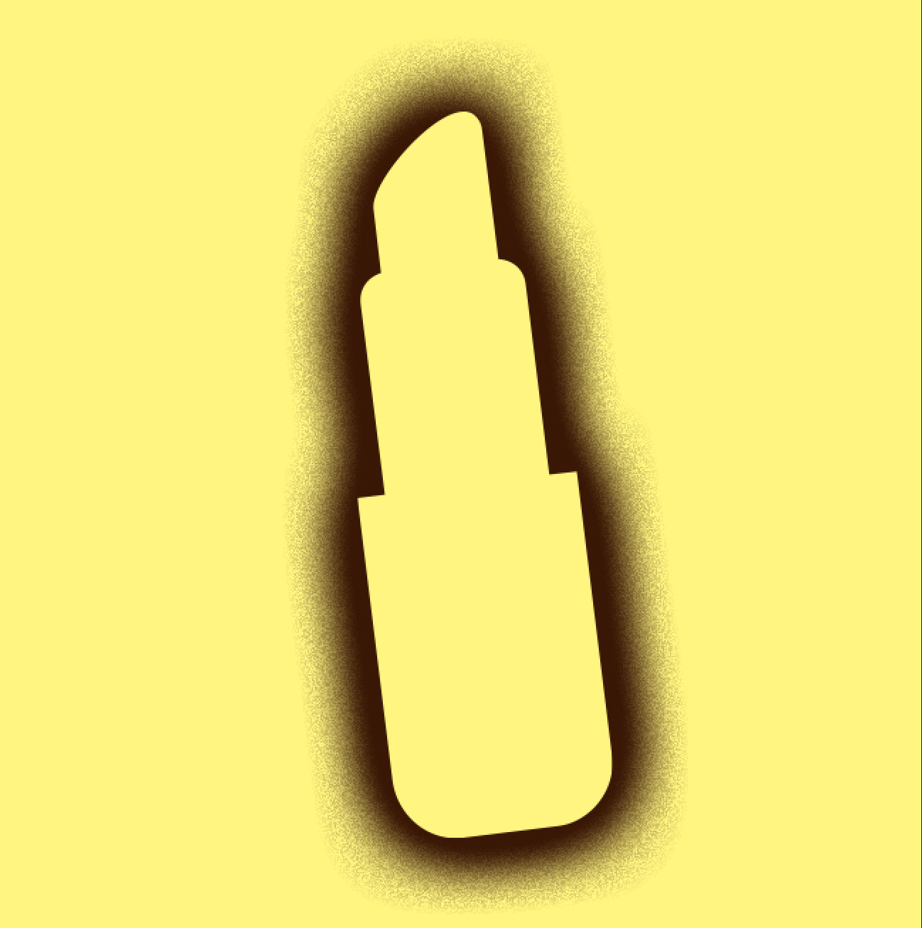 Stylized yellow spray paint silhouette of a lipstick nozzle on a yellow background with a brown shadow outline.