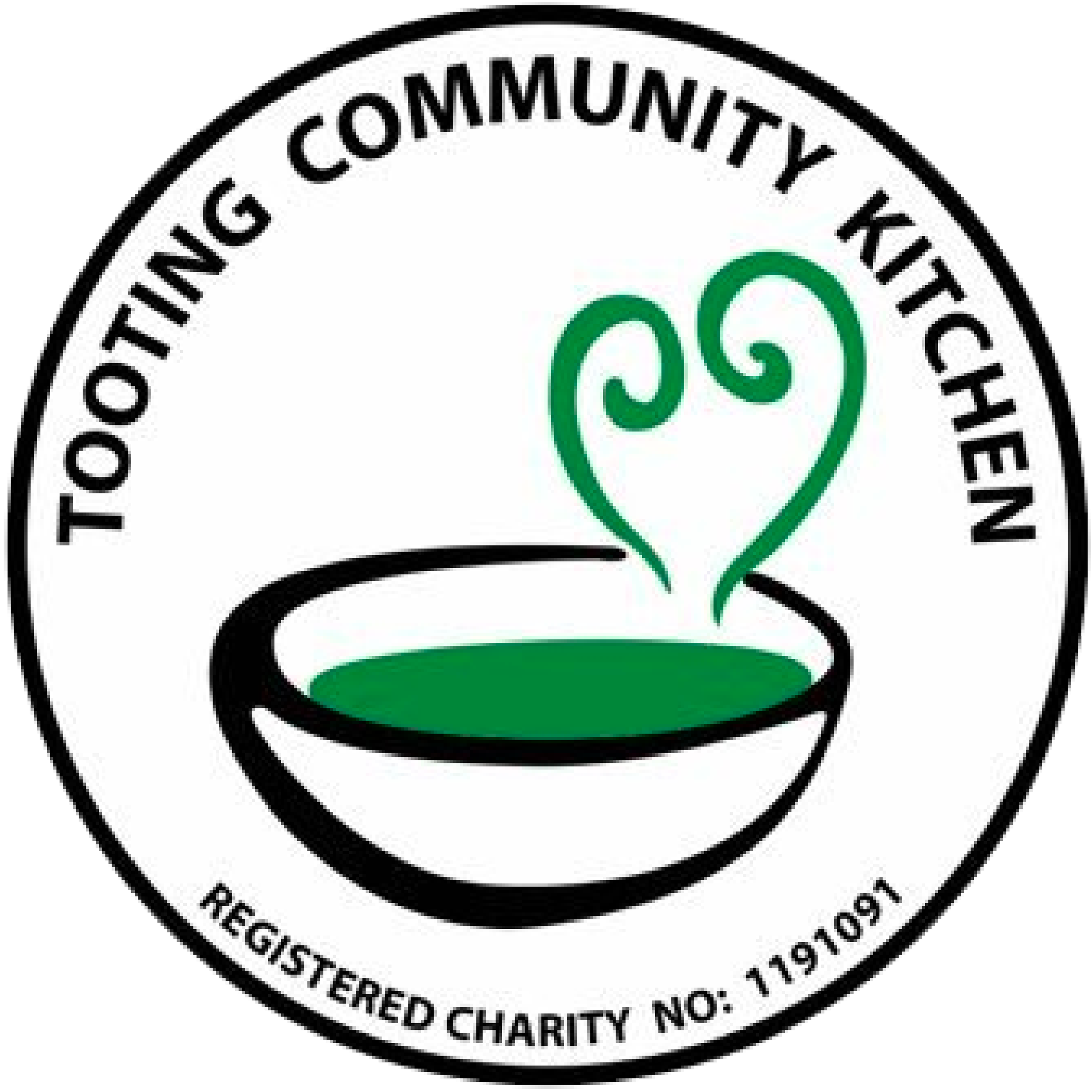 A circular logo for the Yootting Community Kitchen featuring a black and white bowl with green contents and two green steam lines forming a heart shape. The text around the logo reads "Yootting Community Kitchen" and "Registered Charity No: 119191091."