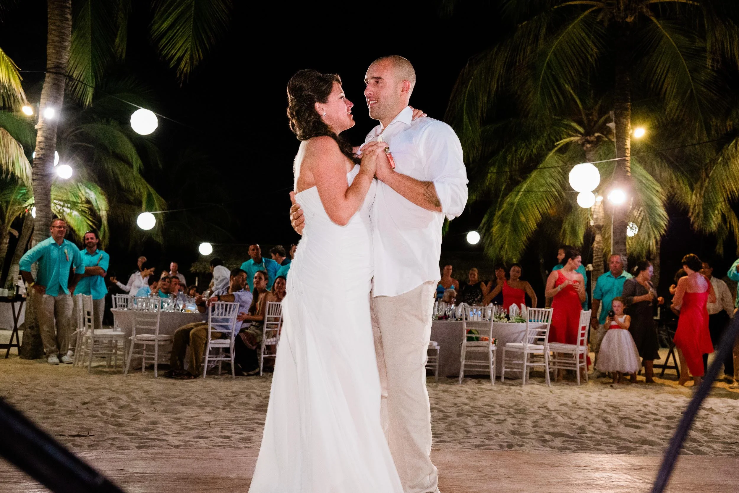 Outdoor wedding reception with string lights Aruba
