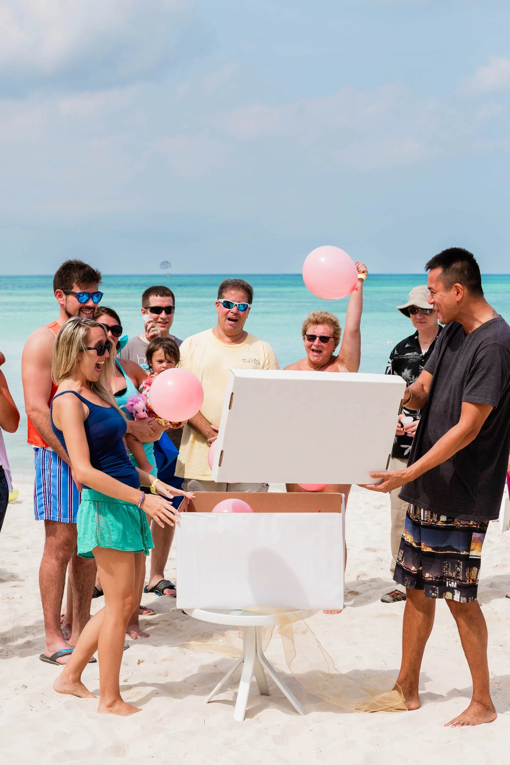 Beach gender reveal the morning after a Palm Beach Aruba wedding