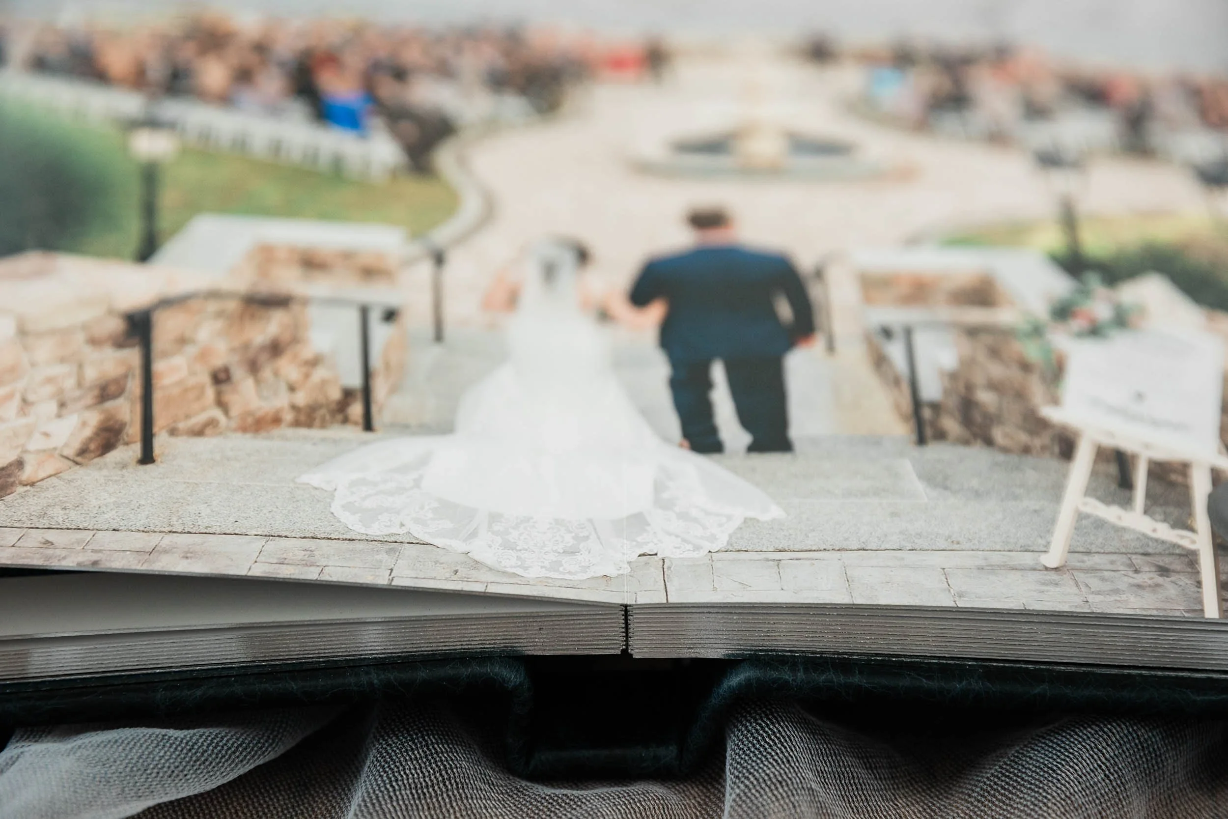 Layflat wedding album open to a full spread