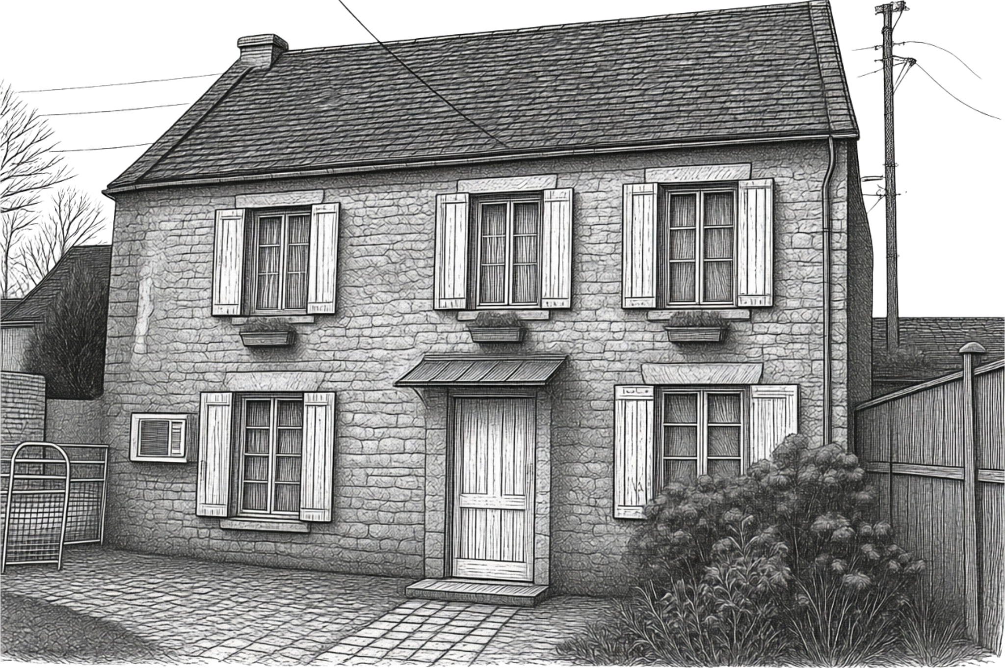 A black and white sketch of a two-story brick house with shuttered windows and a front door, surrounded by a cobblestone yard, a wooden fence on the right, and trees in the background.