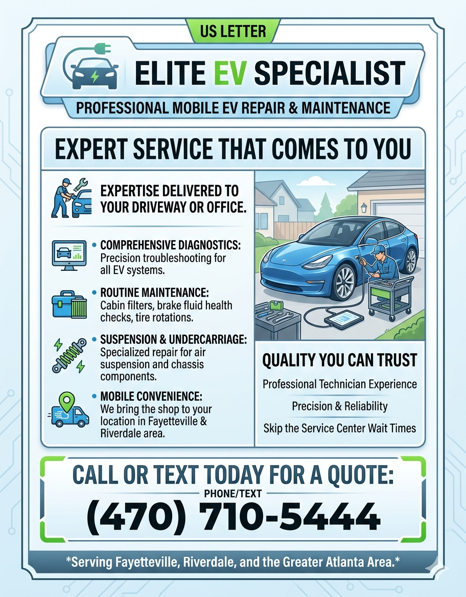 Promotional flyer for Elite EV Specialist, a mobile electric vehicle repair service. Highlights comprehensive diagnostics, routine maintenance, suspension and undercarriage repairs, and mobile convenience. Includes a phone number (470) 710-5444 for quotes, serving Fayetteville, Riverdale, and Greater Atlanta.