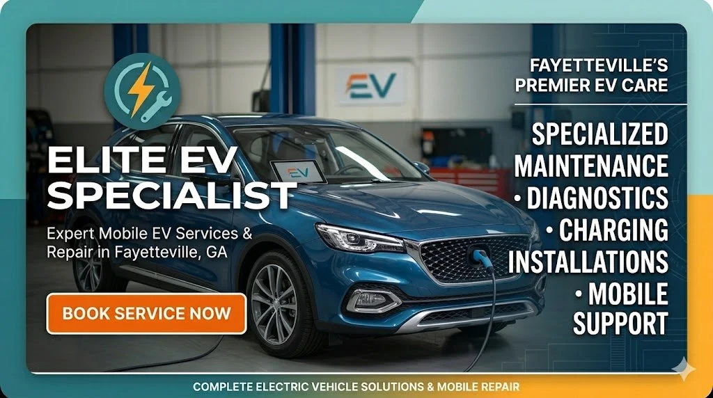 Blue electric vehicle being serviced in a garage, with charging cable plugged in. Advertisement for elite EV specialist offering maintenance, diagnostics, charging, installations, and support in Fayetteville, GA, including a 'Book Service Now' button.