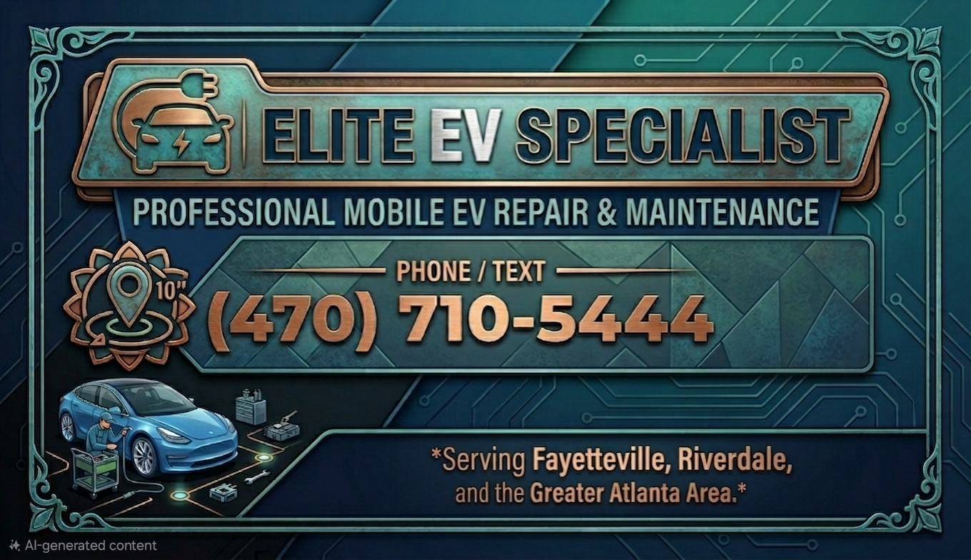 Advertisement for Elite EV Specialist, a company providing professional mobile electric vehicle repair and maintenance services. The ad includes a phone number (470) 710-5444 and mentions serving Fayetteville, Riverdale, and the Greater Atlanta Area. The image features an electric car being serviced with tools and equipment, a stylized electric vehicle icon, and a circuit board background.