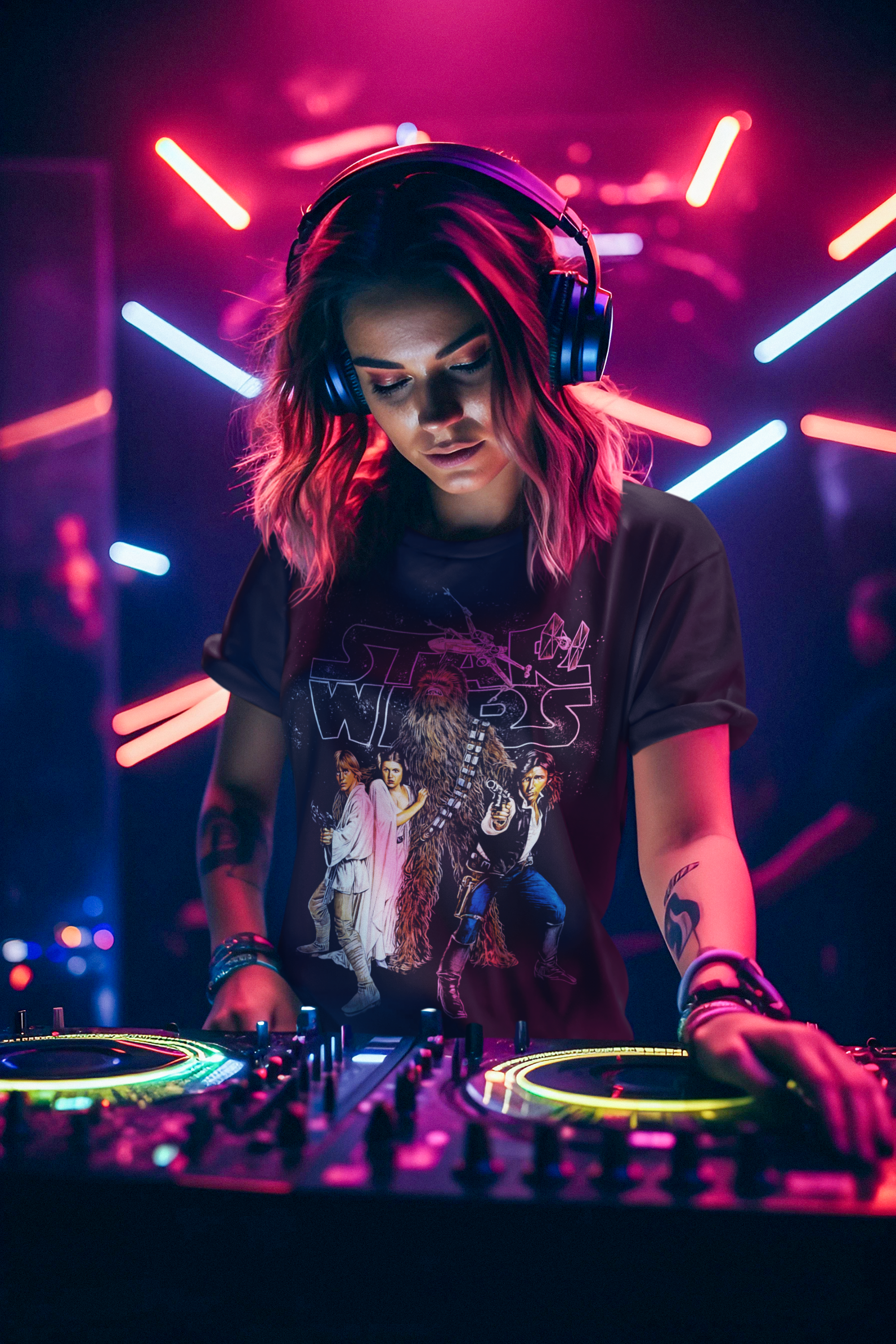 A female DJ with pink hair wearing a Star Wars-themed t-shirt and headphones, operating DJ equipment in a colorful, neon-lit setting.