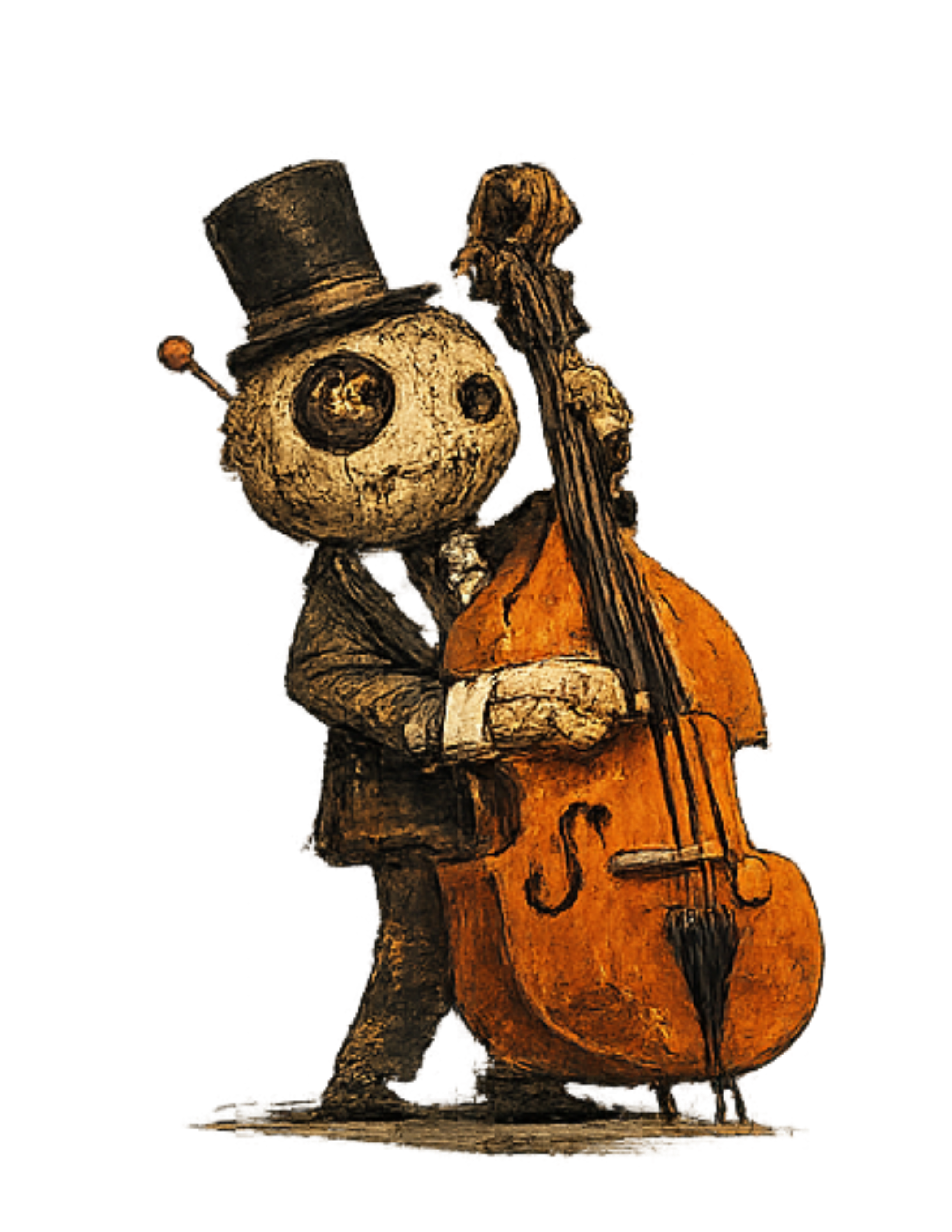 A spooky skeleton dressed in a tuxedo and top hat, holding a large orange pumpkin shaped like a music note, playing a double bass.
