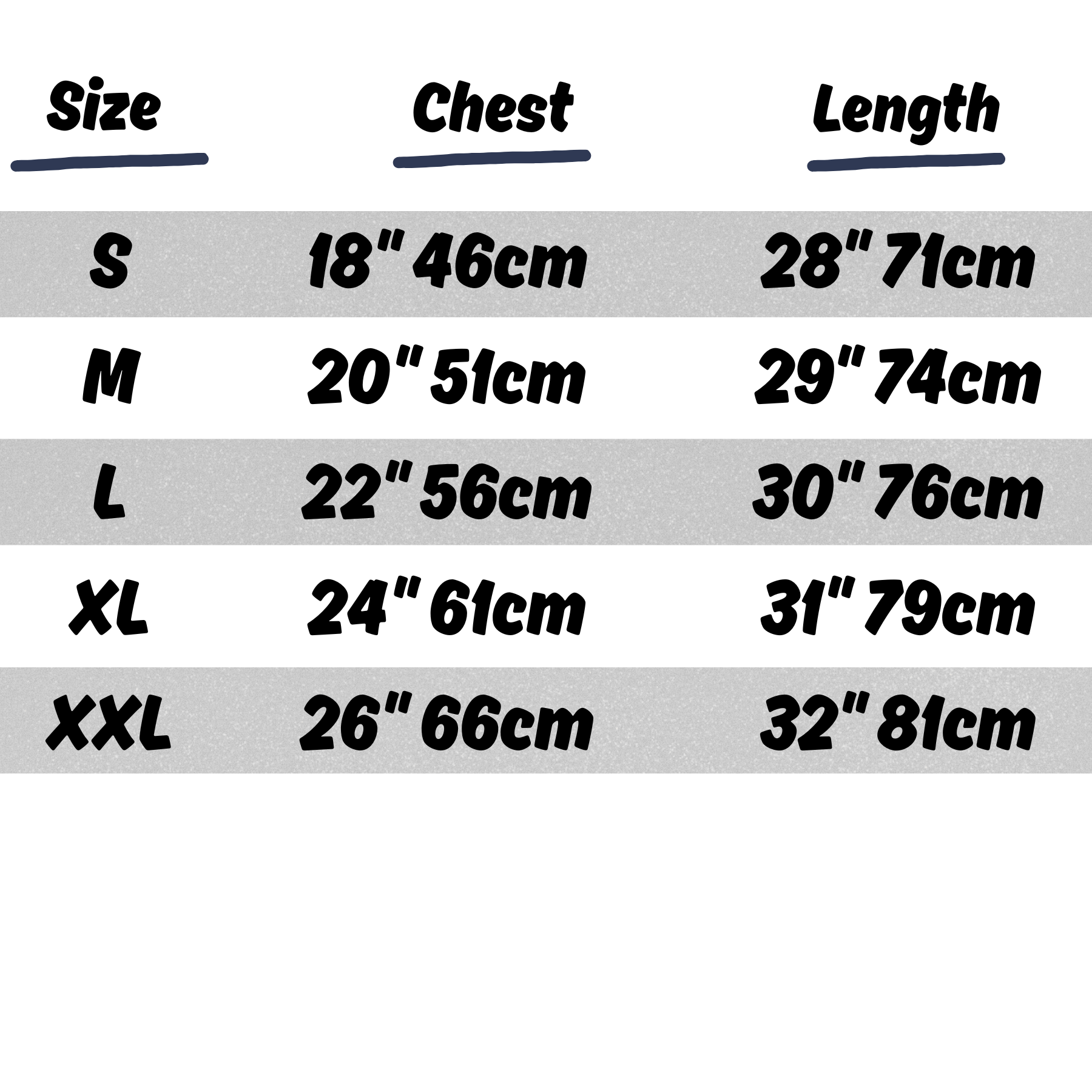 Size chart for clothing with columns labeled Size, Chest, and Length, showing measurements in inches and centimeters for sizes S, M, L, XL, and XXL.