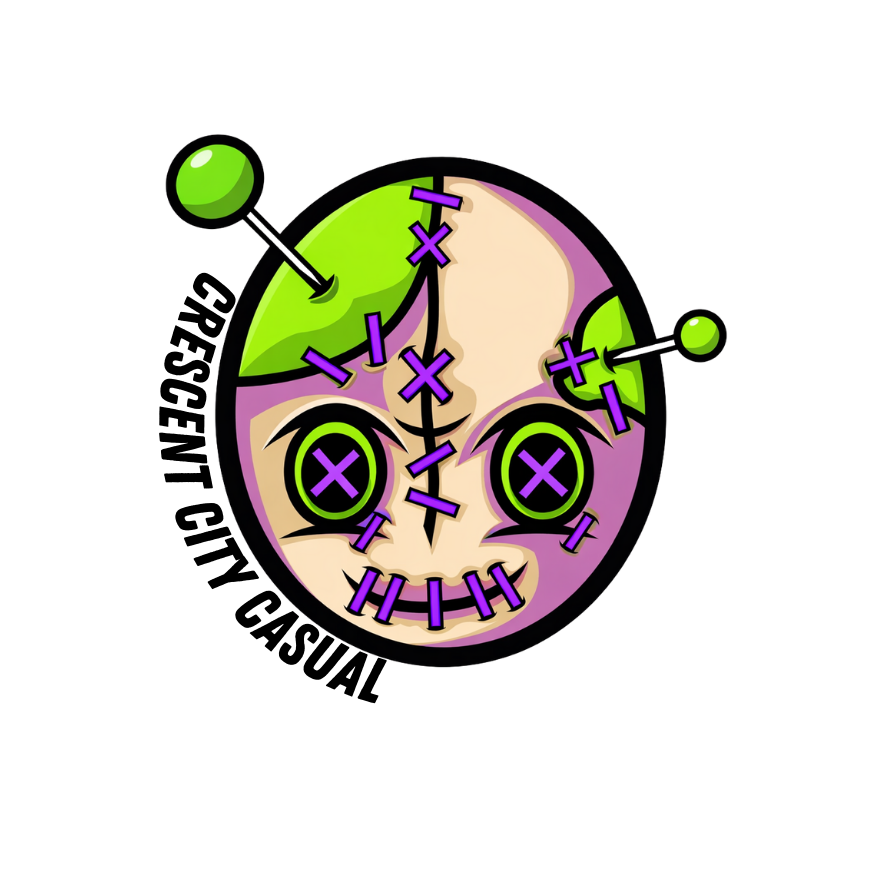 A cartoonish, stitched-up voodoo head with a creepy face, featuring purple stitches, green patches, and black outlines.