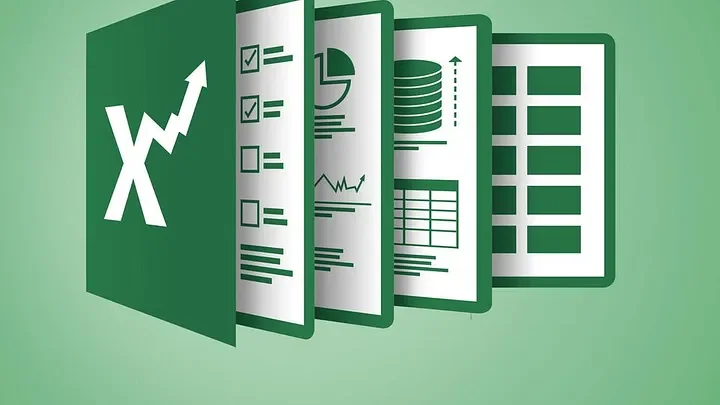 Illustration of multiple sheets of Excel spreadsheets and data charts, with a large Excel logo on the side.