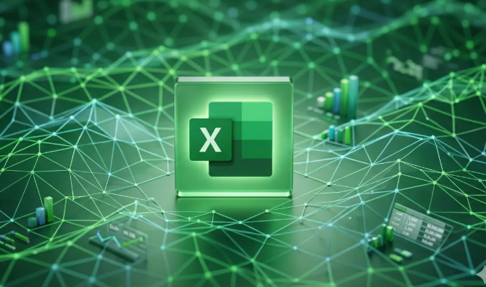 A computer screen displaying the Microsoft Excel logo with a digital network background of green lines and data charts.