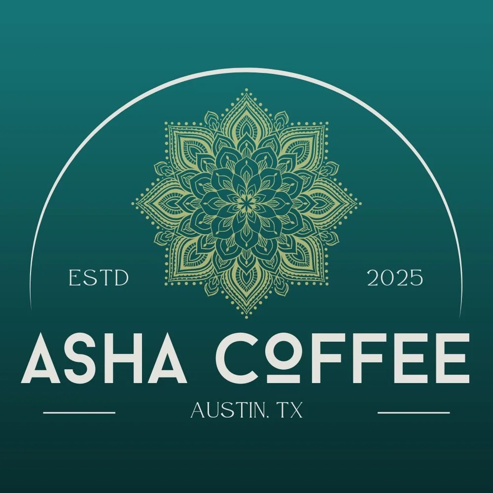 Logo for Asha Coffee in Austin, Texas, established in 2025, featuring a gold intricate mandala design on a teal background.