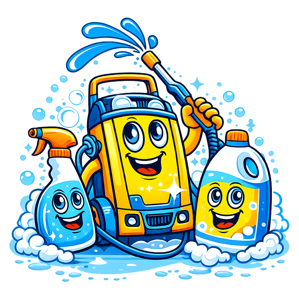 Cartoon vacuum cleaner character washing itself with soap and water, accompanied by cheerful spray bottles, all with smiling faces and surrounded by bubbles.