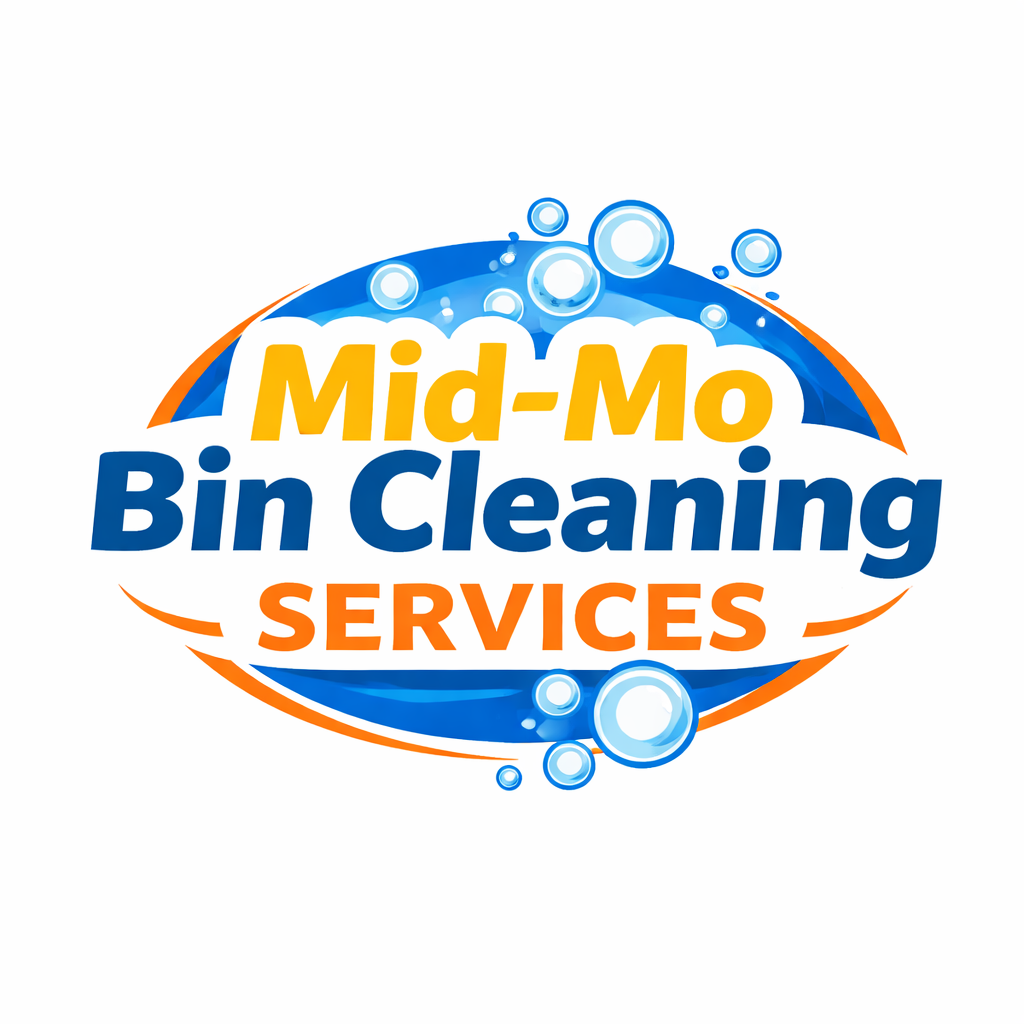 Logo for Mid-Mo Bin Cleaning Services with text and water bubbles design.