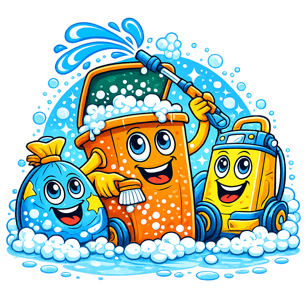 Cute cartoon cleaning supplies with smiling faces washing each other in soapy water, including a mop bucket, vacuum cleaner, and laundry bag.