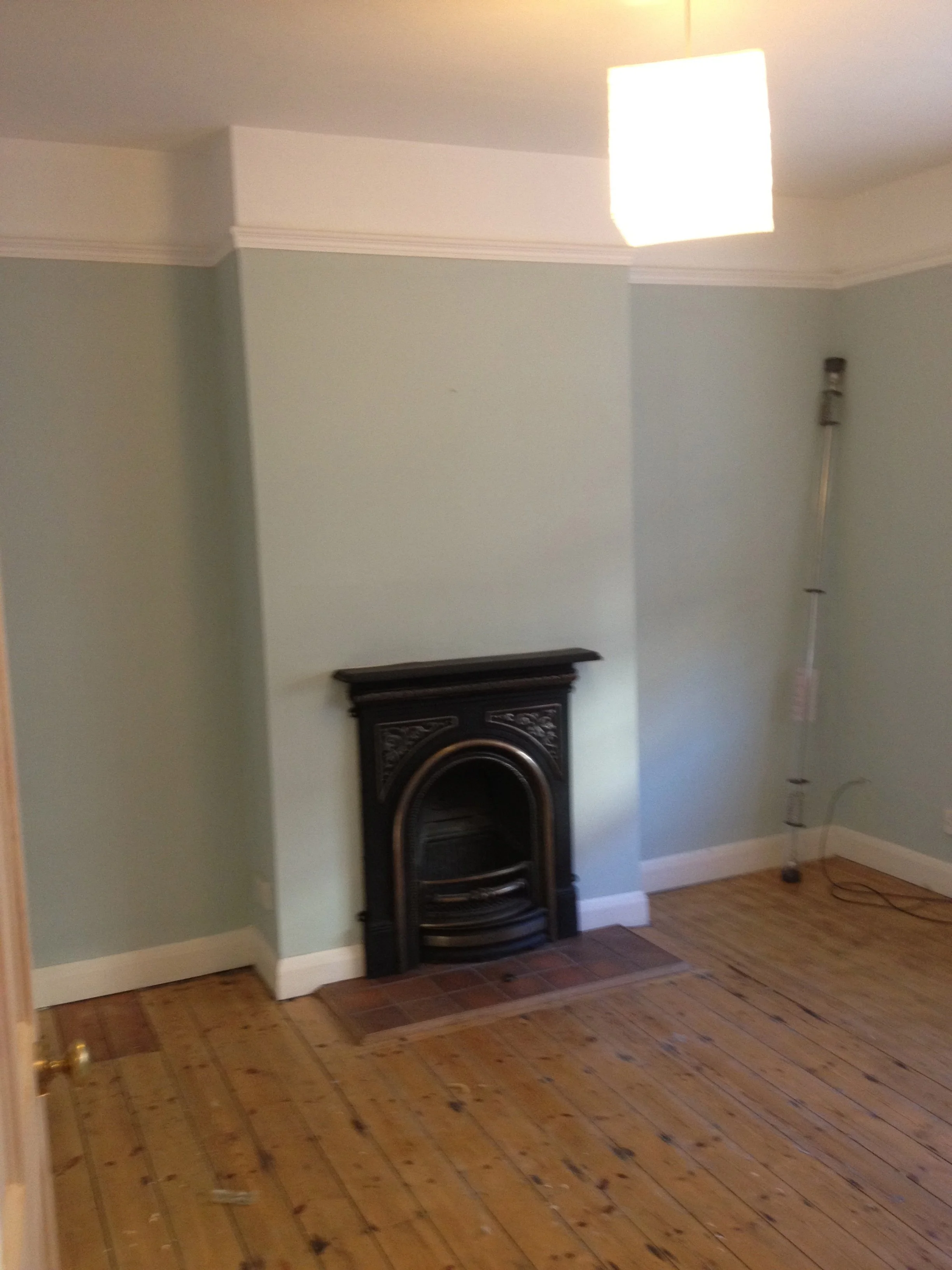 A corner of a room with green painted walls, a decorative black fireplace, a wooden floor, a lamp with a tall pole and a lampshade, and a bright ceiling light.