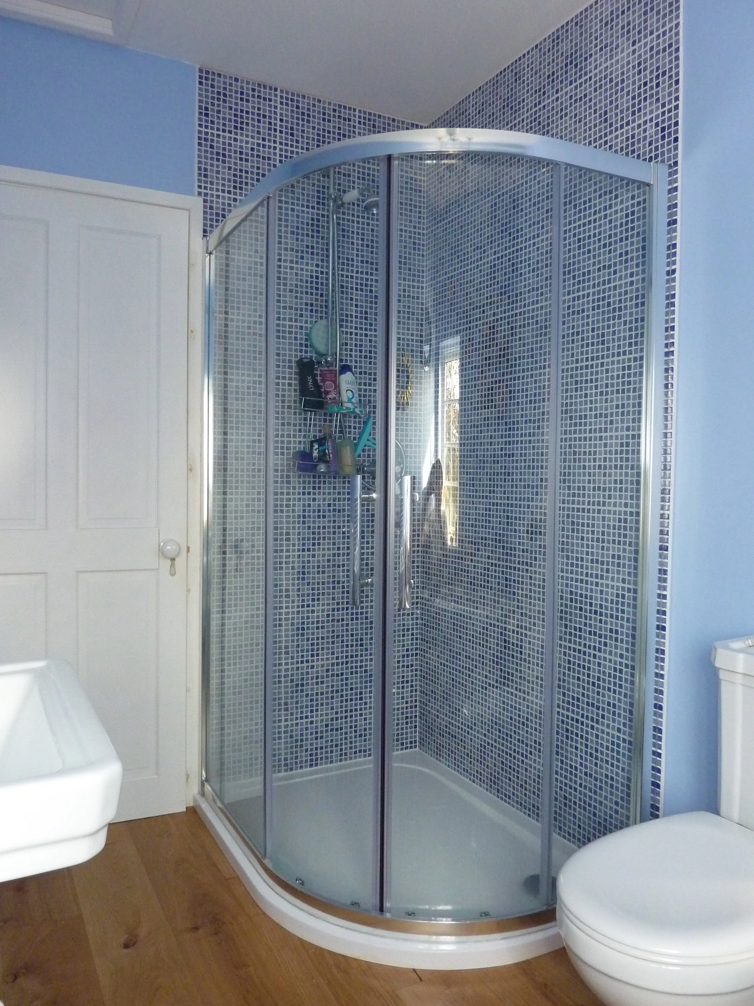 Bathroom with corner shower enclosure with a glass sliding door, a white toilet, a small white sink, blue tiled walls, and wooden flooring.