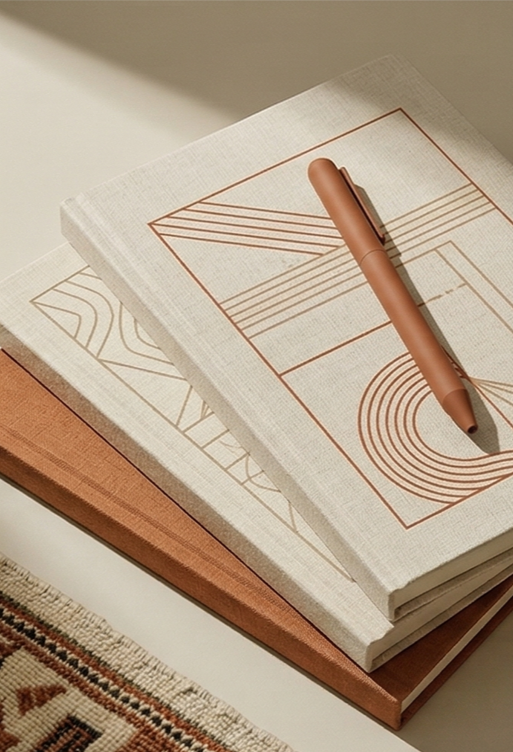 Three stacked hardcover notebooks with geometric line art on the covers, topped with a copper-colored pen, on a white surface near a patterned rug.