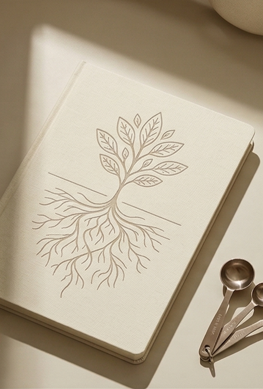 Open notebook with a drawing of a tree showing roots, trunk, and leaves. Nearby are three metal measuring spoons.