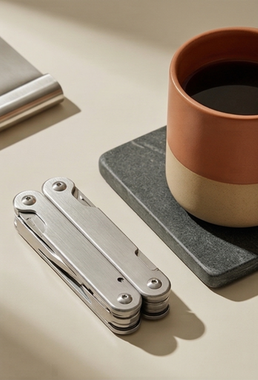 A silver multi-tool resting on a white surface next to a cup of black coffee on a gray coaster.