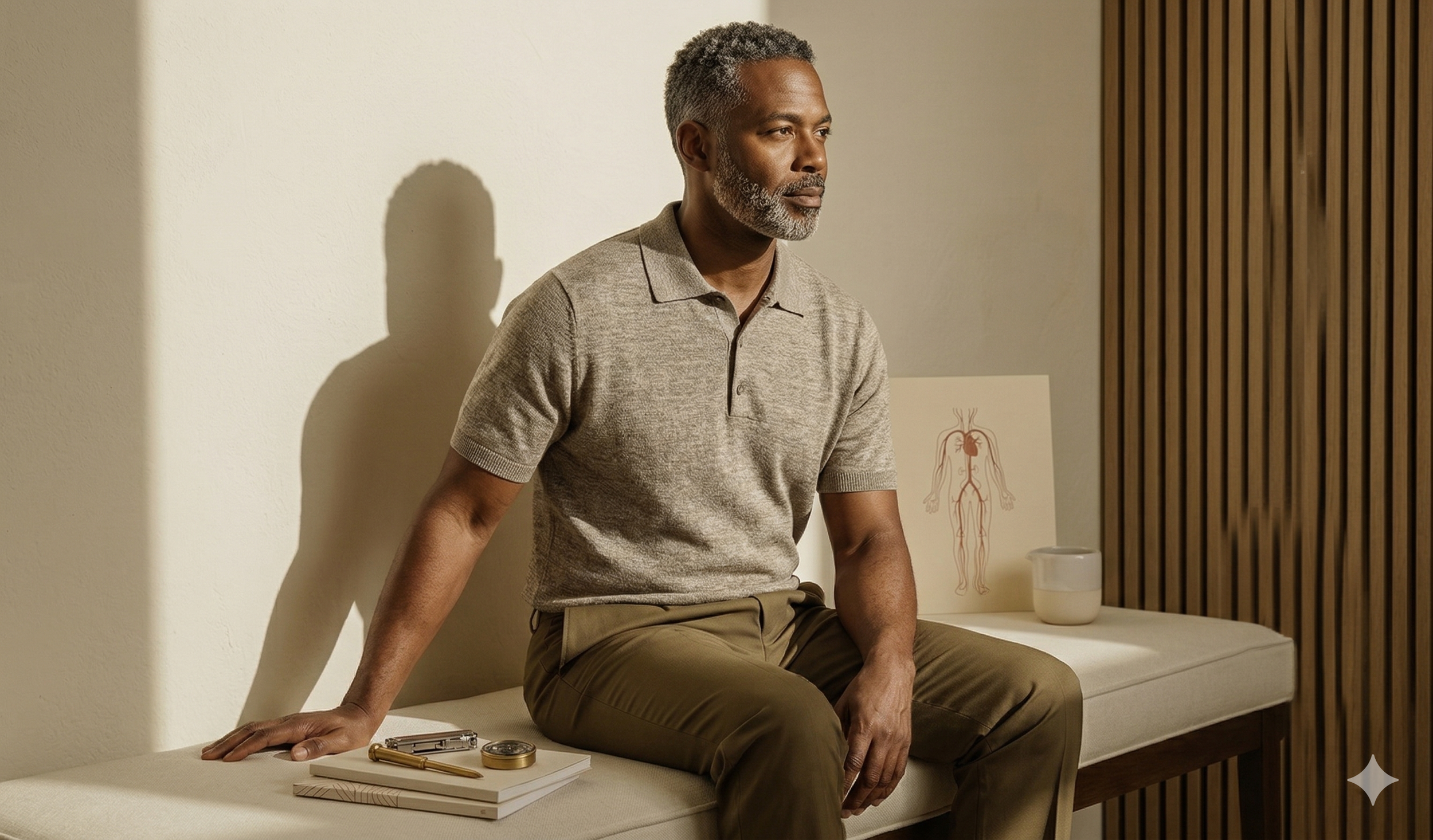A middle-aged man with salt-and-pepper hair and beard sitting on a white cushioned bench in a medical or spa setting, with a diagram of the human nervous system and a white container in the background. There is a notebook, a gold pen, and a gold wristwatch on the bench beside him.