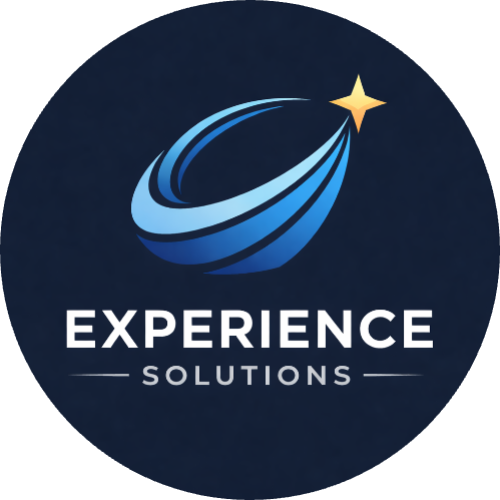 Logo with a blue swoosh and a yellow star above, with the text 'Experience Solutions' below.