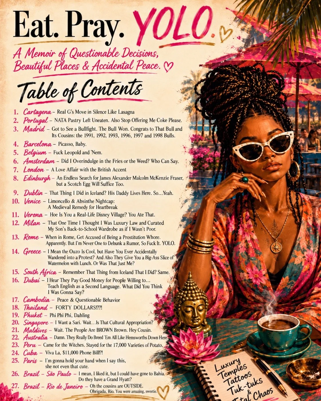 Eat. Pray. YOLO. by Delilah Blue, table of contents: 27 destinations from Cartagena to Rio de Janeiro