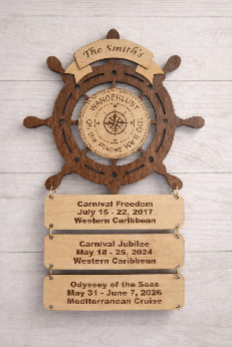 Personalized Cruise Wheel with Custom History Banners | Engraved Nautical Cruise Memory Display