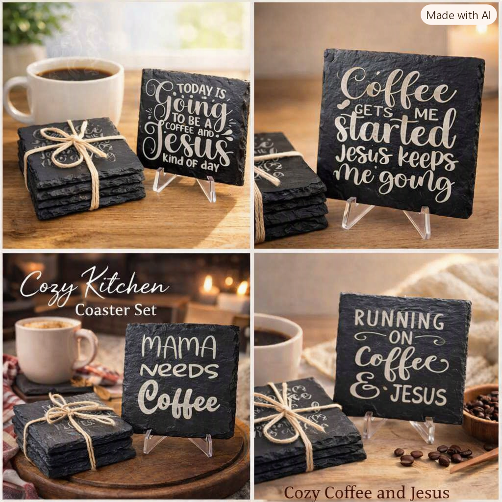 Coffee with Jesus Slate Coasters | Christian Inspirational Engraved Slate Coaster Set