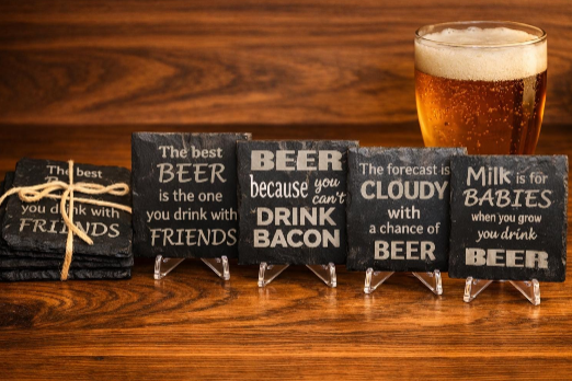 Witty Beer Slate Coasters | Engraved Funny Beer Quote Coaster Set for Home Bar