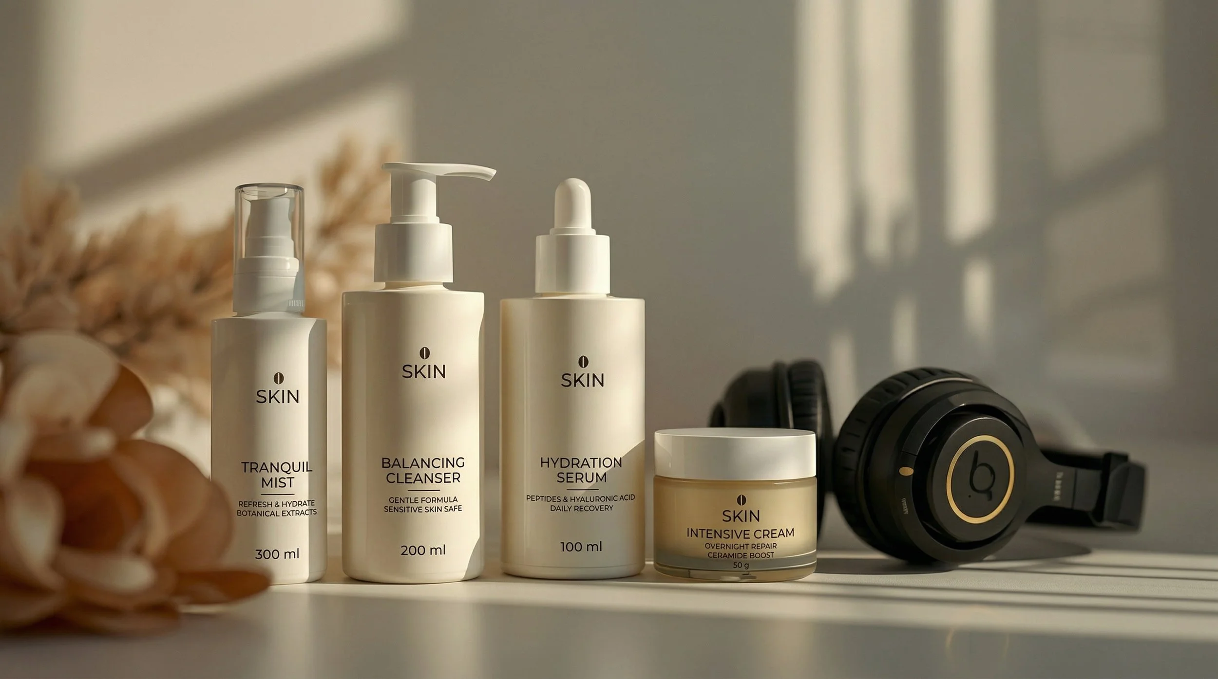 Evening skincare products arranged in routine order with headphones, showing the calming first step before cleansing and treatments