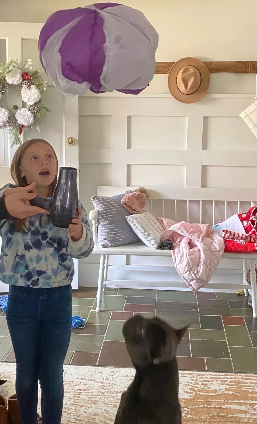A young girl with long hair and a tie-dye hoodie is indoors, looking up with her mouth open, as a purple and gray paper lantern is hanging from the ceiling. A small black dog is sitting on the floor facing the girl. A person is holding a hairdryer di