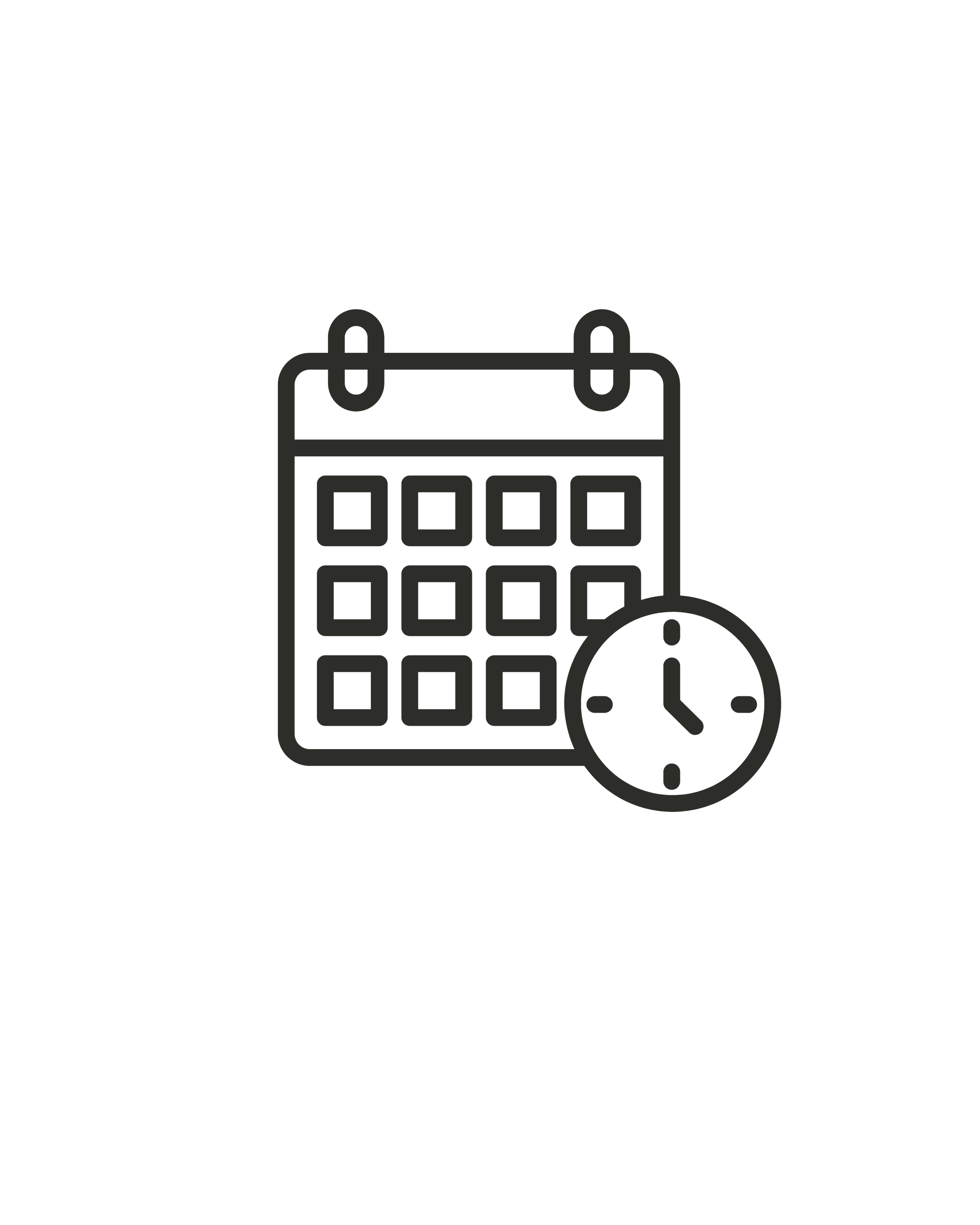 Outline of a calendar with a clock in front of it, symbolizing scheduling or deadlines.