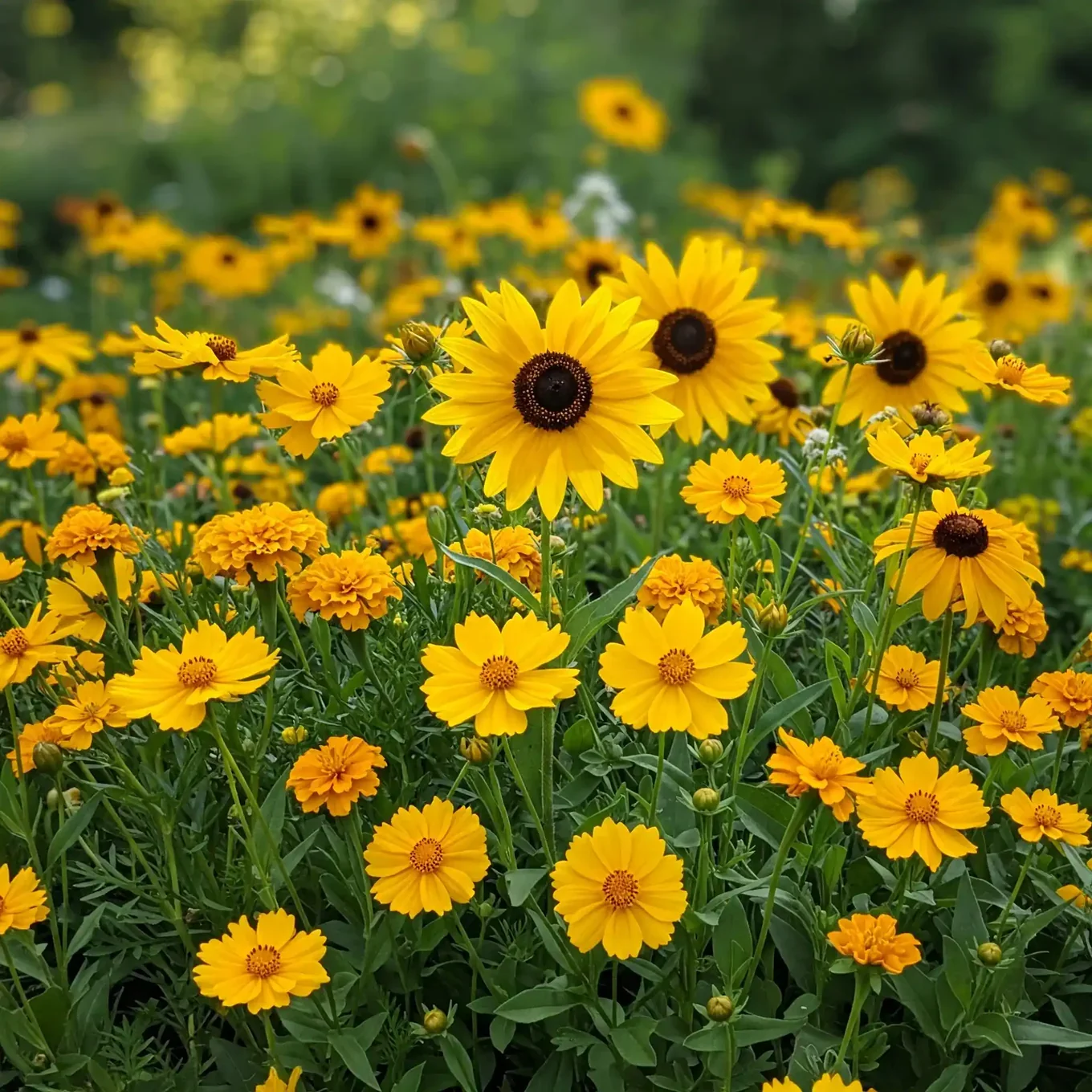 Yellow flowers and marigolds in a garden.