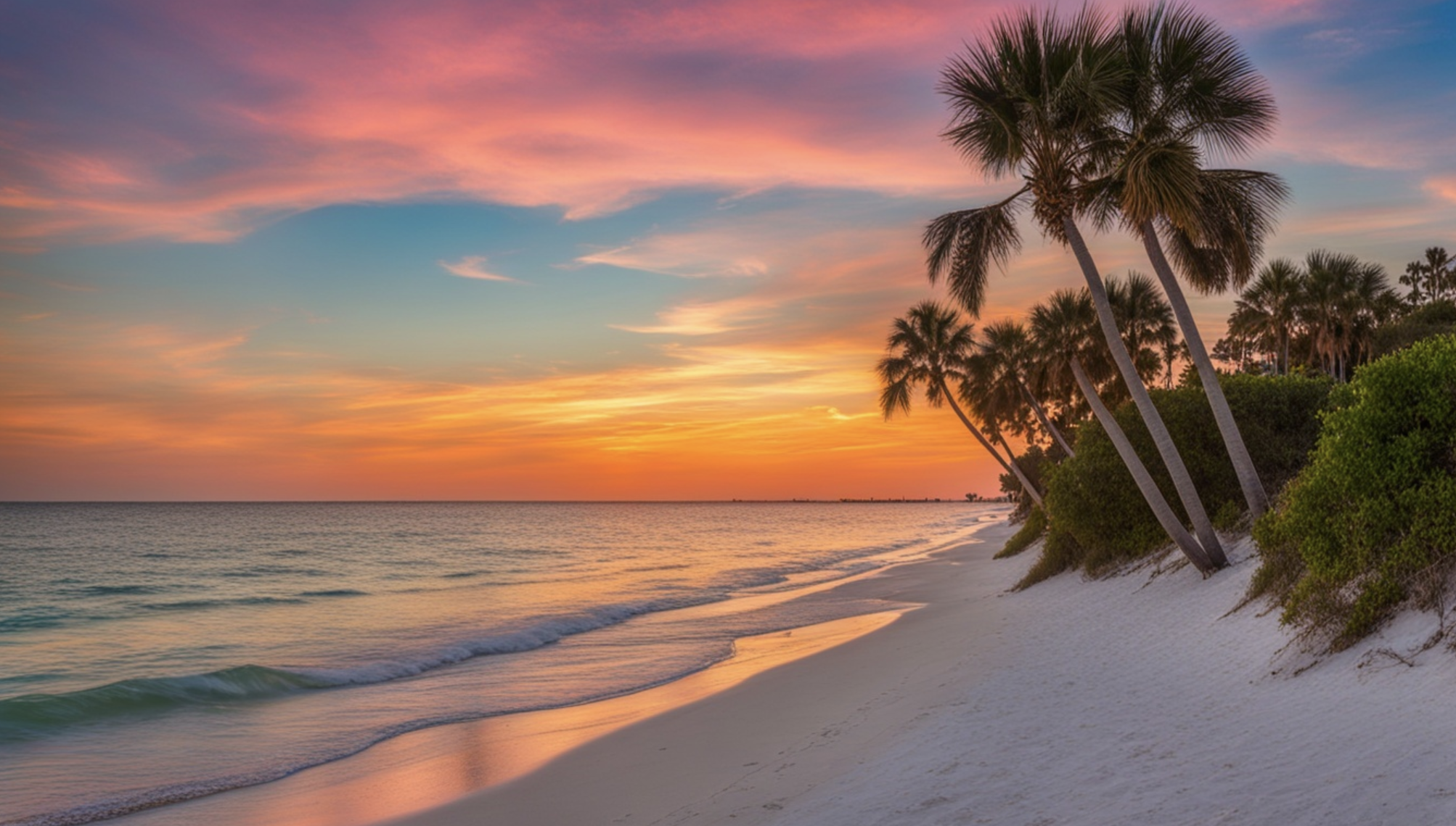 Sunset over Nokomis beach with palm trees, white sand, and gentle ocean waves. Beach wedding.
