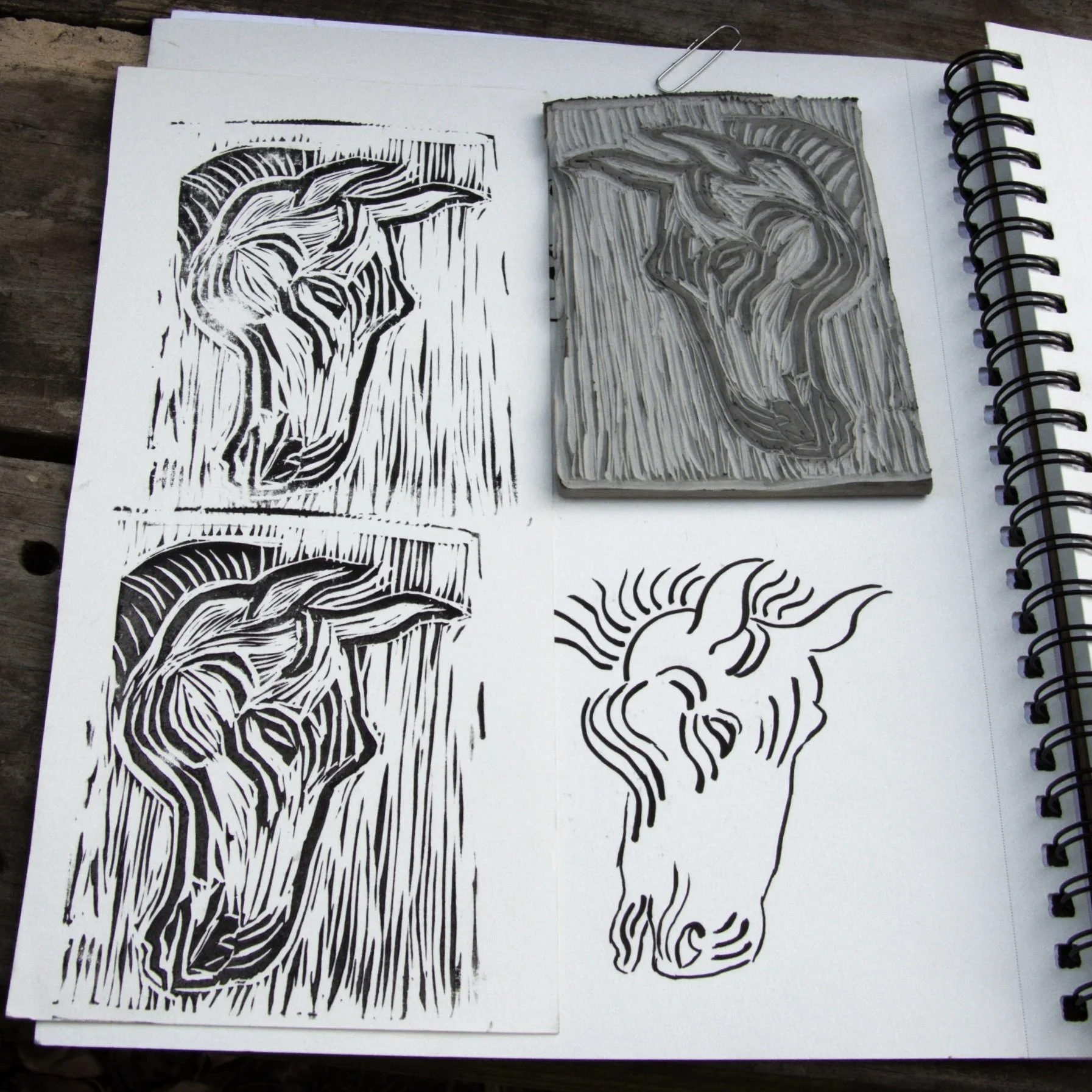 Woodcut print of a horse's head with flowing mane, two similar black and white woodcut images of horse head on paper, rubber stamp of horse head, and a line drawing of a horse's head with flowing mane.