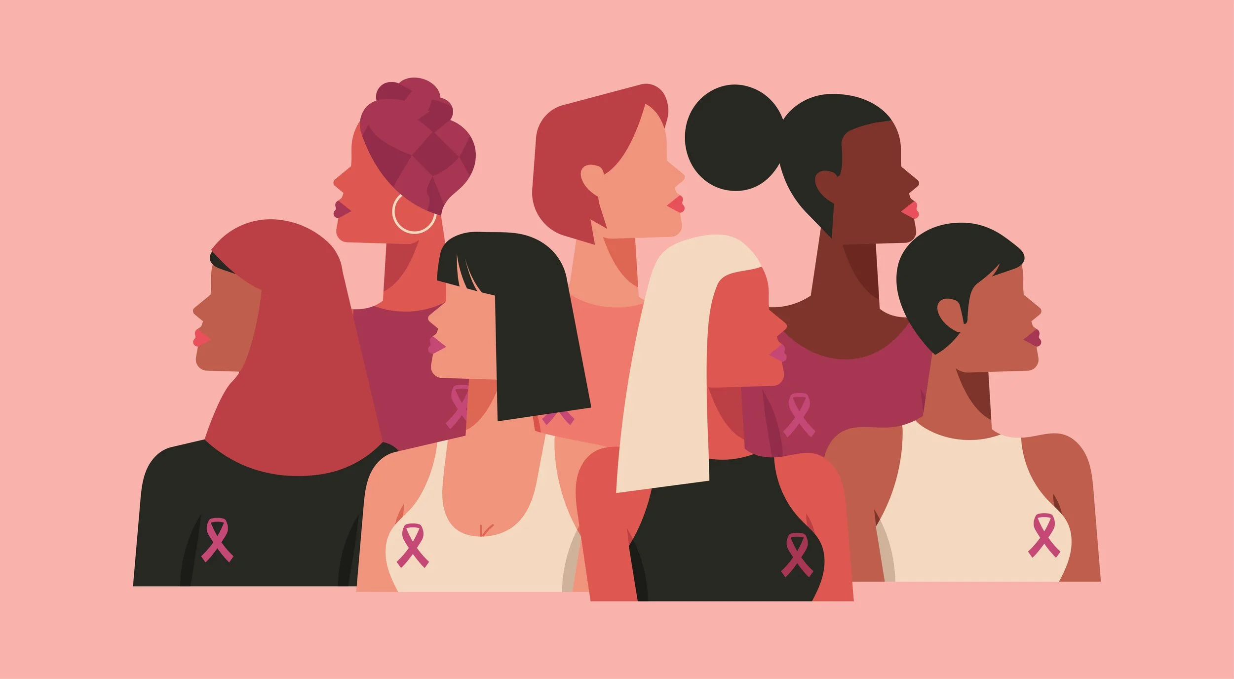 Illustration of diverse women in profile with pink ribbons on their clothing, representing support for breast cancer awareness, against a pink background.