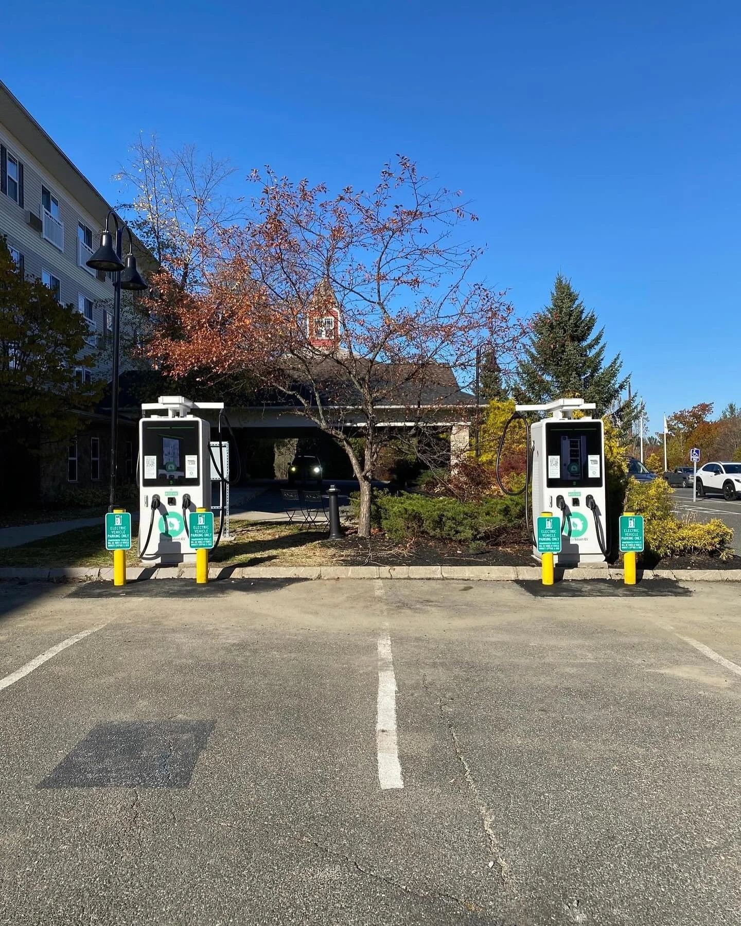 Two electric vehicle charging stations in a parking lot with a tree and a building in the background under a blue sky.