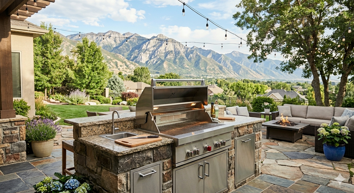 Outdoor kitchen and seating area with a mountain view, string lights, barbecue grill, fire pit, and patio furniture surrounded by plants and trees.