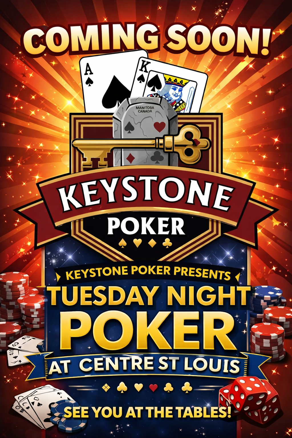 Promotion poster for Keystone Poker featuring playing cards, poker chips, a key, and a tombstone with a heart and spade symbol, announcing a Tuesday night poker event at Centre Street Louis.