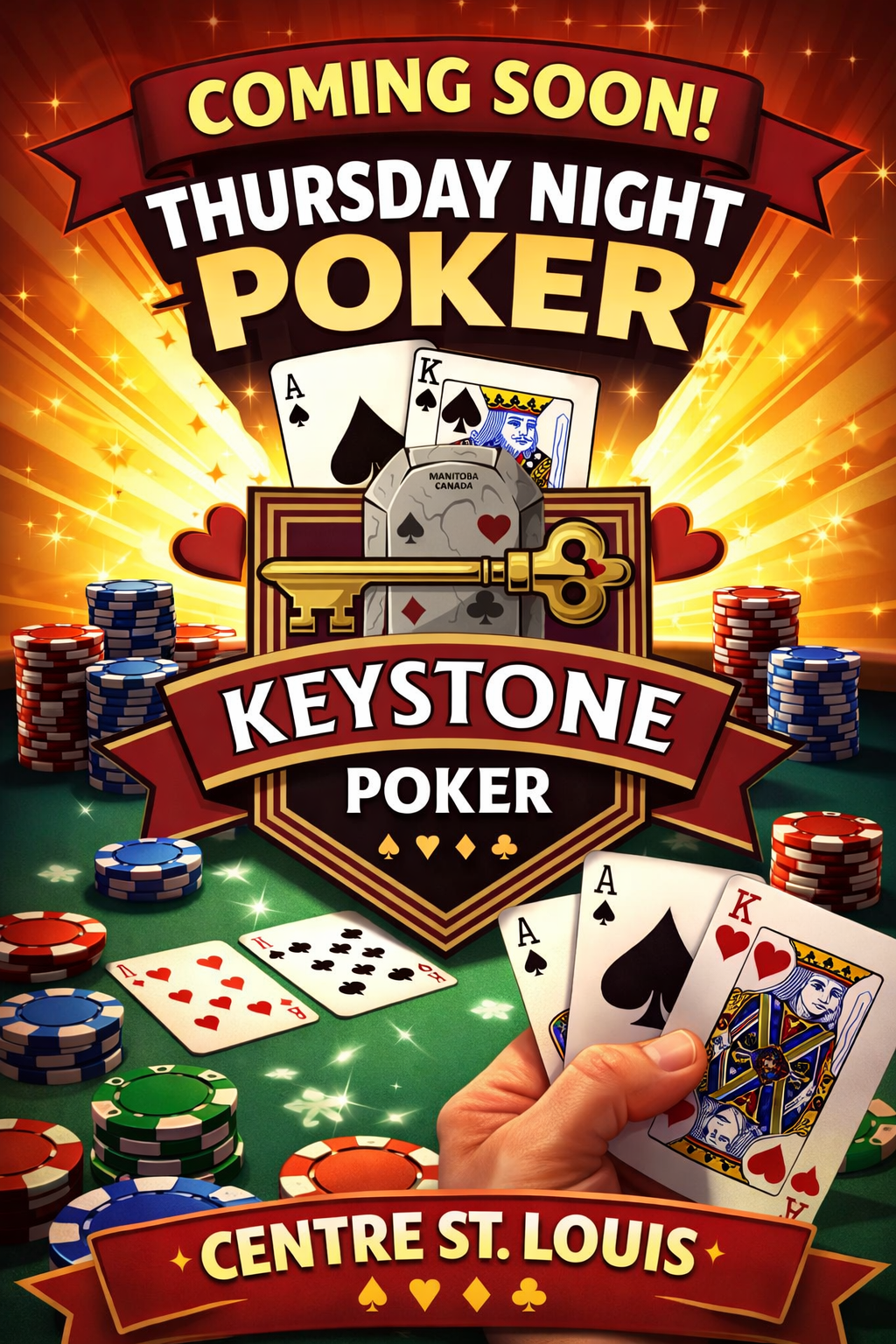 Advertisement for Thursday Night Poker at Keystone Poker, Centre St. Louis. Features playing cards, poker chips, hearts, and a gold key.