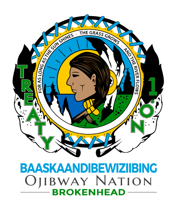 Stylized emblem featuring a woman's profile with a background of mountains, river, and sun, surrounded by a circular border with the words "For as long as the sun shines, the grass grows, and the river flows." The outer ring has the words "Treaty 1.0" in green, and below it, the text "Baaskaandebwiziing Ojibway Nation Brokenhead" in black and green.