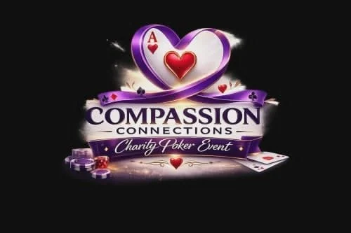 Logo for Compassion Connections Charity Poker Event, featuring purple and red hearts, playing cards, poker chips, and text.