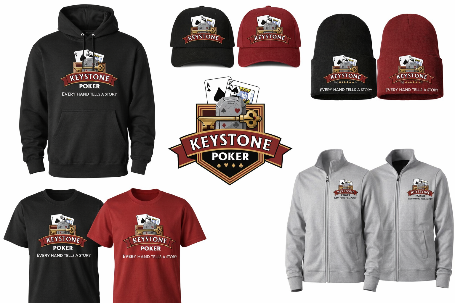 Various apparel items featuring a poker-themed logo. There is a black hoodie, black and red baseball caps, black and red t-shirts, and gray zip-up jackets, all displaying the Keystone Poker logo with playing cards, a key, and the slogan 'Every Hand Tells a Story.'