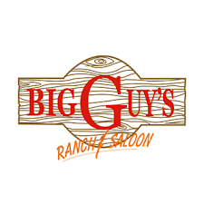 Logo for Big G's Ranch and Saloon with wood grain background and red and orange text.