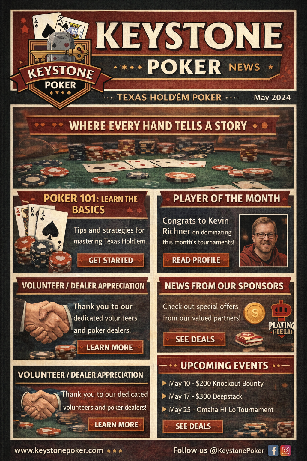 A newsletter poster for Keystone Poker, titled 'Texas Hold'em Poker' from May 2024. Features poker chips, playing cards, and sections about poker basics, player of the month, volunteer appreciation, sponsor deals, and upcoming events.