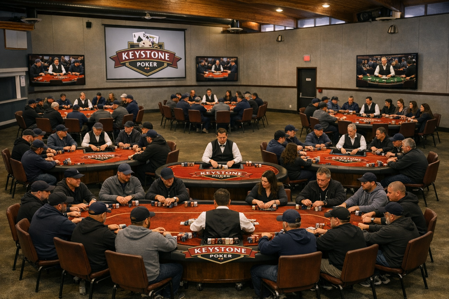 Multiple poker tables with players and dealers playing at Keystone Poker tournament room with large screens displaying the game.